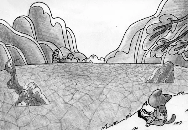 A humanoid feline figure is sitting on the ground with their back to the viewer. They have a backpack on and are sitting opposite a parched, cracked lake bed, some rounded buildings in the background, and mountains beyond them.